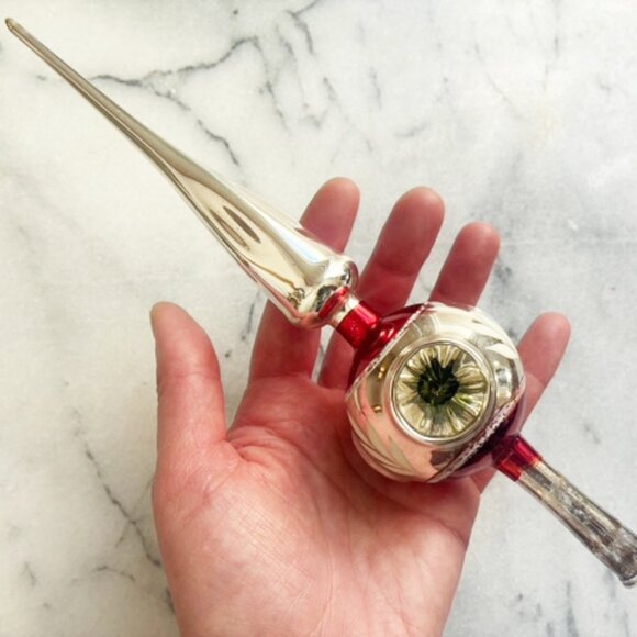 Vintage Indent Red Silver 9" Glass Christmas Tree Topper Feather Tree Small - Picture 5 of 8